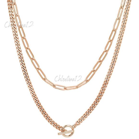 14k Rose Gold Plated Layered Chain Necklace Curb Chain Paperclip Chain - Picture 2 of 9